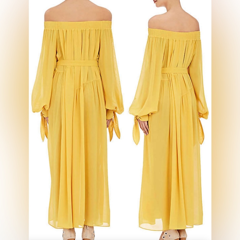 Derek Lam Yellow Silk Georgette Off the Shoulder Belted Dress Size 4 - Picture 2 of 10